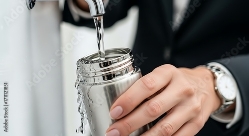 Hydration Ritual A Person Fills a Stainless Steel Water Bottle at a Modern Faucet for Wellness