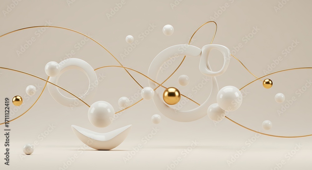 Obraz premium Abstract Spheres and Rings on Beige Background with Golden Lines