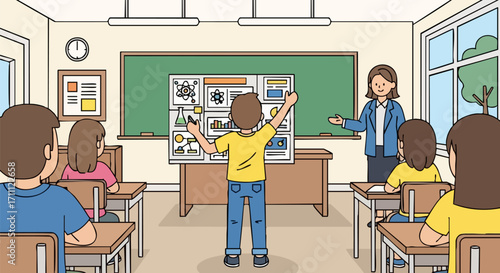 Cartoon vector illustration of a child answering questions at a blackboard with a teacher beside him