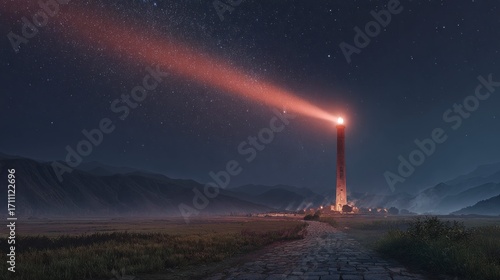 Nighttime beacon over landscape