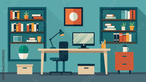 A modern home office with a sleek desk and a wall filled with shelving.