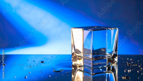 Square glass tumbler, clear water, blue light, studio shot