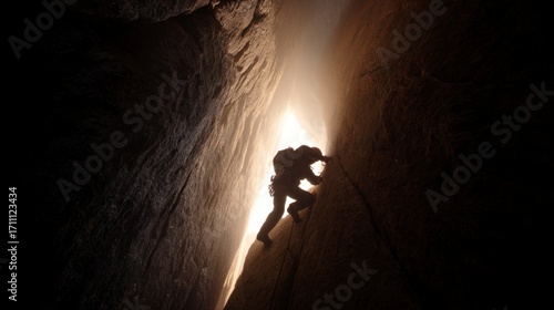 Person climbing narrow cave passage