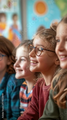 Joyful children sitting in a row with smiles on their faces.