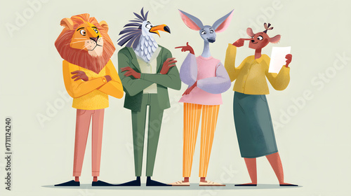 Group of animals in business attire discussing ideas.
