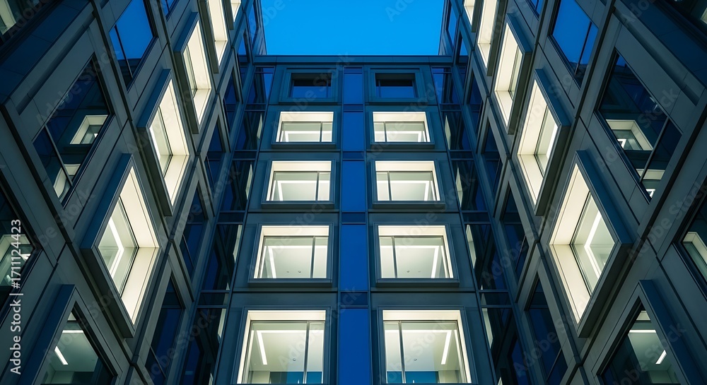 Obraz premium Modern office building facade with illuminated windows at dusk