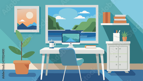 A home office with a white desk and a coastal landscape painting on the wall.