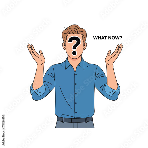 Confused man with a question mark for a face shrugging.
