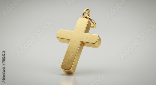 Close-up of a shiny golden Christian cross pendant, a piece of religious jewelry symbolizing faith and belief, on a white studio background