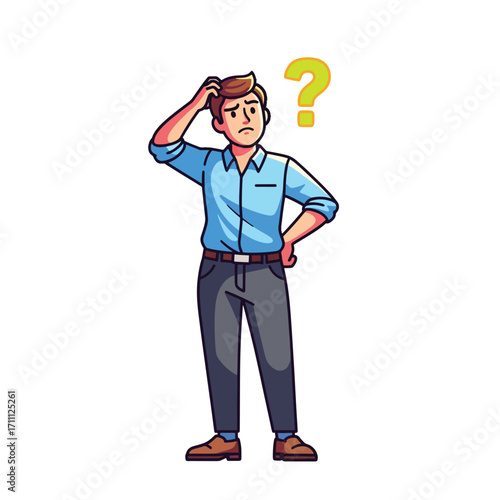 Confused young man scratching his head with a question mark.