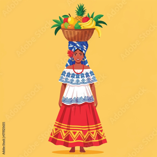 A smiling woman in traditional clothing balancing a woven basket of fresh tropical fruit on her head.