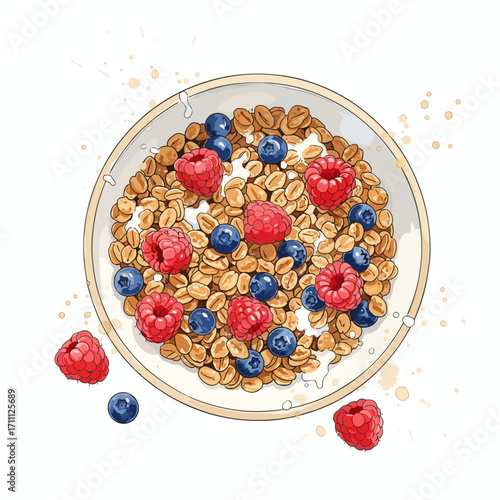 Watercolor vector illustration granola with raspberries and blueberries isolated on white background for packaging, labels, healthy breakfast design and print projects