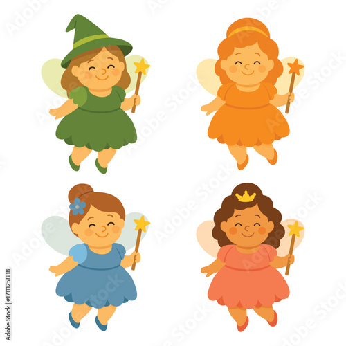 Set of four cartoon fairy girls with magic wands in green, orange, blue, and pink dresses. Flat vector illustration isolated on white background. Fairy tale and fantasy concept. Design for greeting