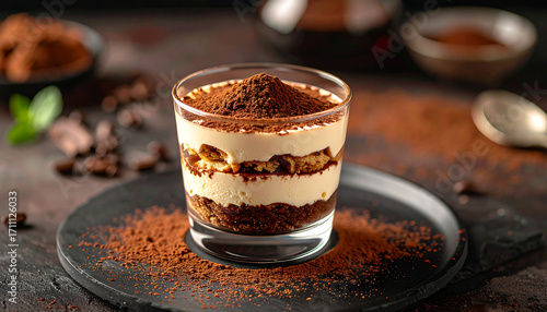 Indulgent chocolate tiramisu dessert artfully layered in a clear glass, perfect for culinary inspiration