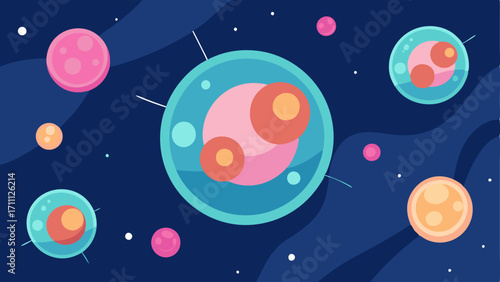 Cell Division Animation An animatedstyle vector showing skin cells undergoing mitosis with exosomes orbiting them like planets emphasizing their role in cell proliferation.