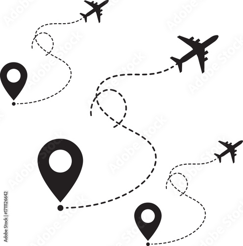 Minimalist airplane travel path with pins. Dashed route line representing a plane journey, romantic trip, business travel, and flight routes.