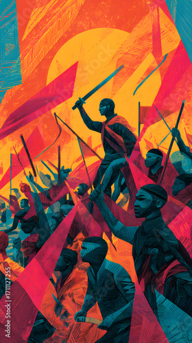 A vibrant depiction of a large group of people in a dynamic revolutionary scene with flags and swords raised high.