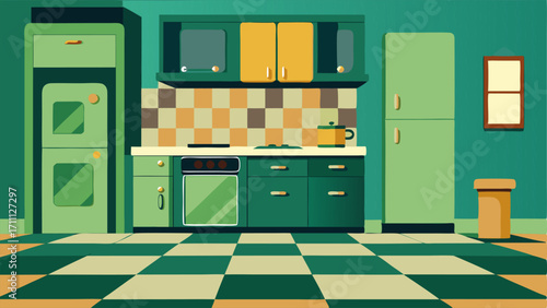 A kitchen featuring avocado green appliances and cabinets with a checkerboard patterned linoleum floor.