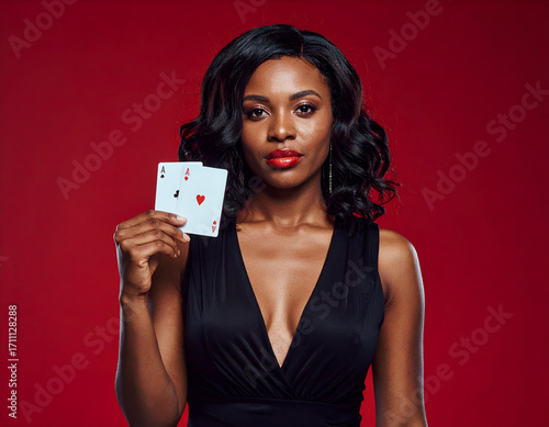 Wallpaper Mural Elegant Black woman holding two aces, looking confidently at the camera against a vibrant red background, portraying high stakes and glamour. Torontodigital.ca