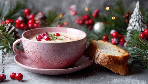 Creamy Pomegranate Soup Served with Bread on a Festive Christmas Table.