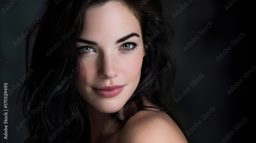 Obraz premium Beautiful woman with long dark hair and captivating green eyes in a soft, dramatic portrait