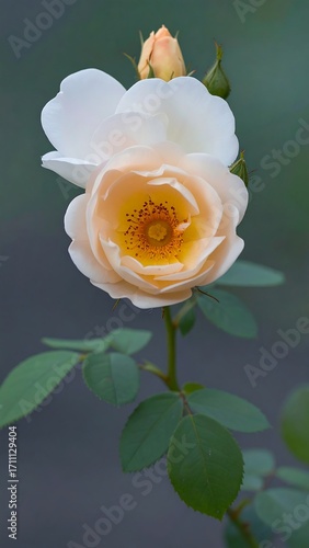 Soft peach and cream rose, delicate petals, centered yellow, buds, green leaves