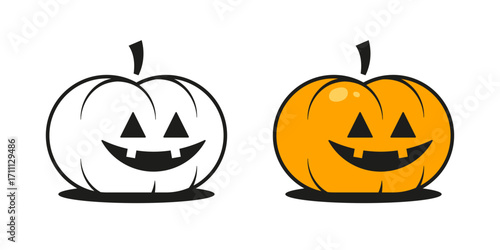 Halloween pumpkin icon in outline and color version. Isolated flat design vector illustration.