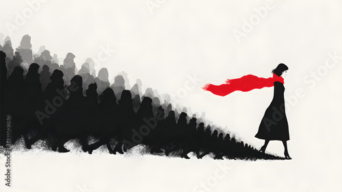 Brave woman with a flowing red scarf leading the way.