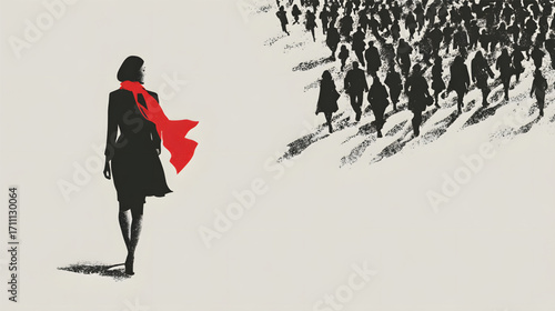 Woman Walking Away From Crowded Group.