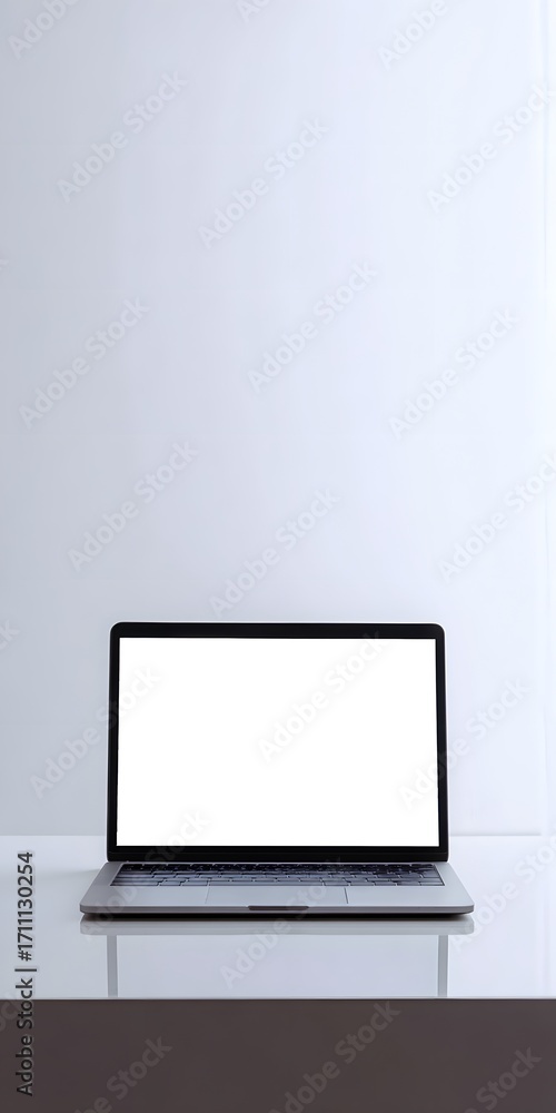 Fototapeta premium Sleek modern silver laptop computer open with a blank white screen front view.