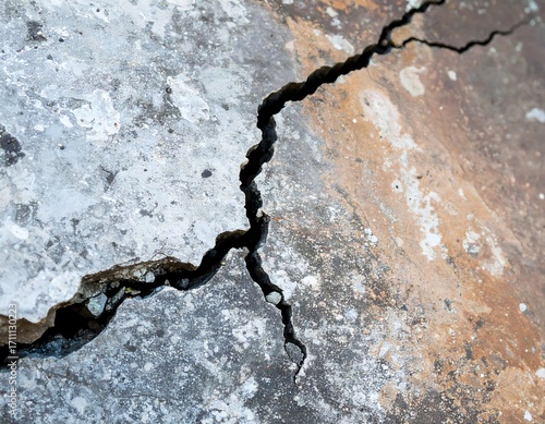 Cracked concrete surface, showing a deep fissure