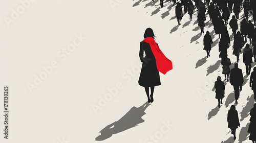 Woman with Red Cape Leading Away from Crowd.