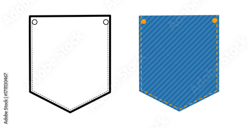 Angled with Snap Jeans Top-stitched Patch Pocket Jeans technical fashion illustration. Flat apparel line template and color. Women, men unisex style item CAD mockup isolated on white background 