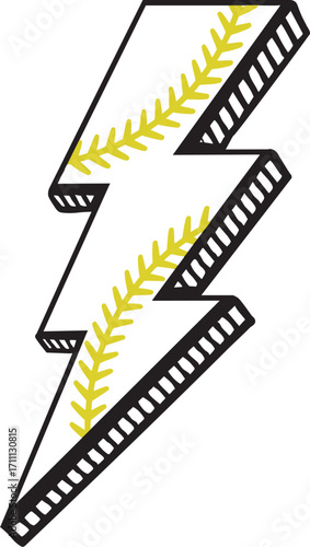 Retro Softball Lightning Bolt Icon – Black and Yellow Graphic Design - Softball Stitch Lightning Bolt Vector Illustration – Yellow and Black Design