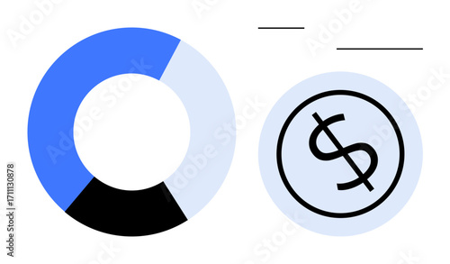 Circular chart with bold blue and black sections paired with a dollar sign representing financial data. Ideal for economics, business strategy, investment, cost management, finance tracking