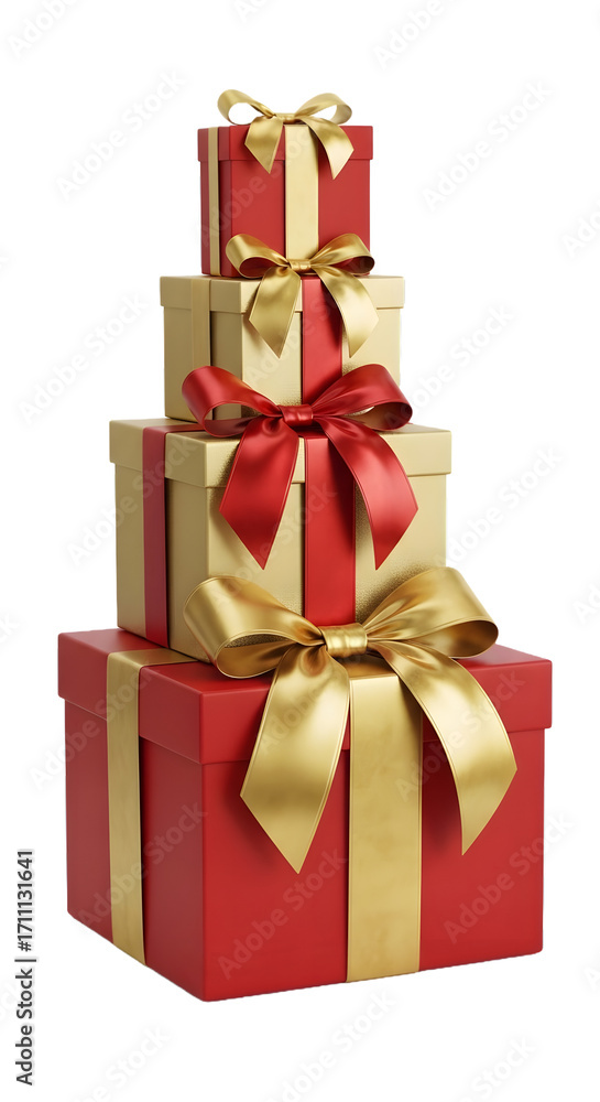 Obraz premium Stack of red and gold christmas gift boxes with bows, isolated on transparent background