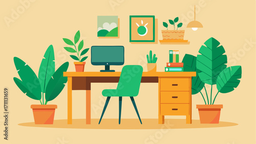 A home office with a natural wood desk and chair accented with vibrant green plants and minimalistic decor.