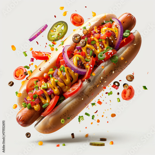 Chicago-style hot dog with toppings flying off