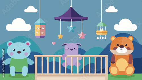 A nursery decorated with handmade stuffed animals and a handcrafted mobile hanging over the crib creating a whimsical and personalized environment.