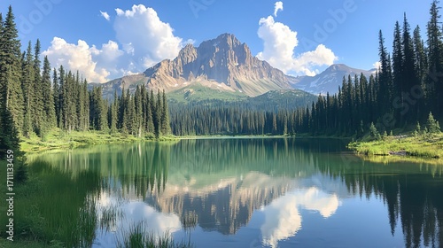 Scenic Mountain Lake Surrounded by Dense Forest under Clear Blue Sky
