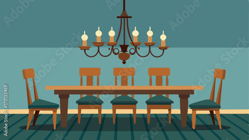 An elegant chandelier hanging above a rustic wooden dining table with mismatched chairs.