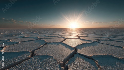 Vast Cracked Salt Flats Under a Dramatic Sunset Sky.