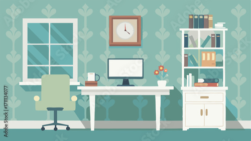 A home office with a clean white desk and shelves but with Victorianinspired wallpaper on one accent wall.
