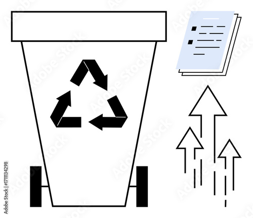 Recycling bin with a recycling sign, paper stack, and upward arrows illustrating sustainability, waste reduction, eco-conscious practices, recycling, document management, green initiatives, simple