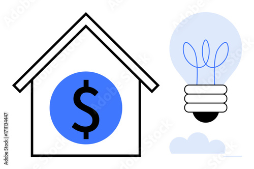 House outline with dollar sign symbolizes financial investments, while light bulb represents ideas and innovation. Ideal for sustainability, saving, finance, energy, home, business, simple flat