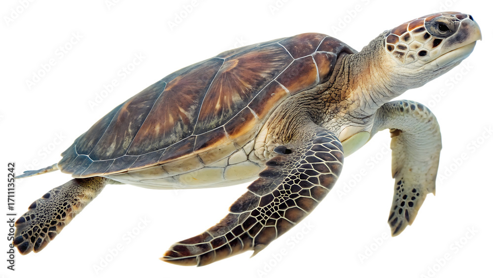 Obraz premium Sea Turtle Swimming with Detailed Shell Pattern marine life ocean Cutout PNG isolated on a transparent background
