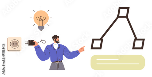 Man holds a plug connecting to a glowing bulb near a diagram, representing ideas, creativity, and innovation. Ideal for learning, problem-solving, brainstorming, energy, teamwork strategy project
