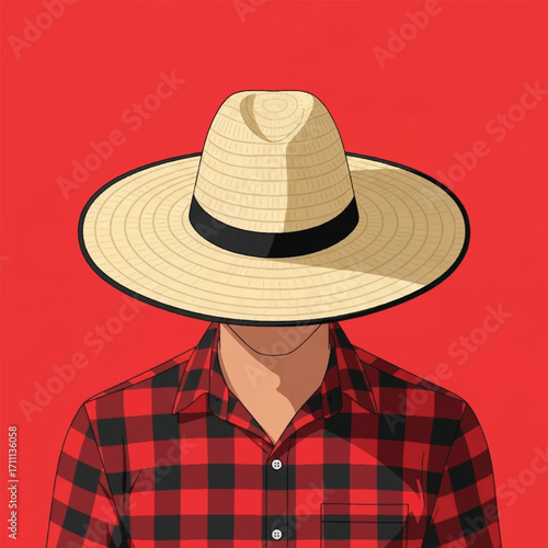 Graphic illustration of an anonymous person in a red plaid shirt, their face completely obscured by a wide-brimmed straw hat against a red background.