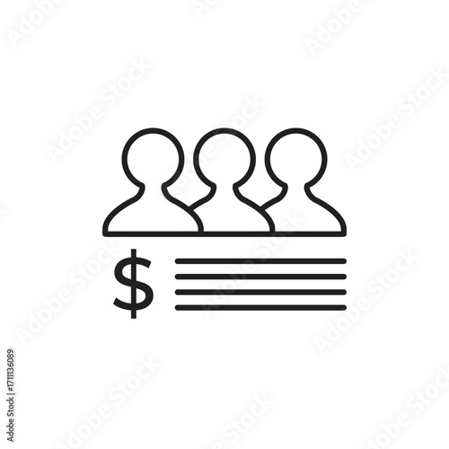 Vector illustration features three silhouetted figures above a dollar sign and lines, symbolizing teamwork or financial collaboration. Ideal for business, finance, or group project themes.