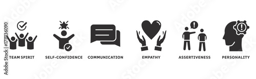 Soft skills icon set illustration concept with icon of personality, problem solving, confidence, adaptability, empathy, collaboration, patience, communication